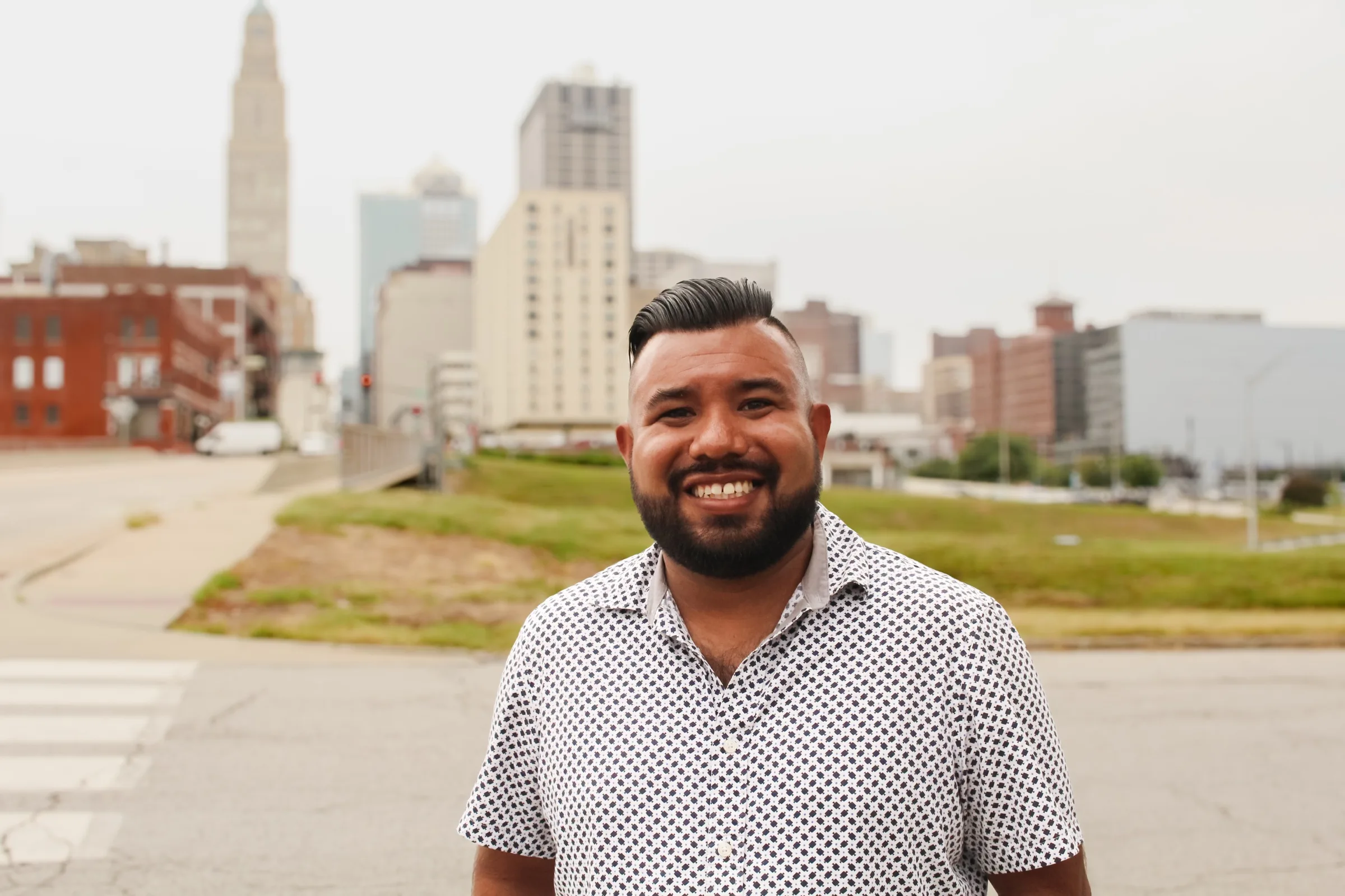 Individual portrait with city skyline